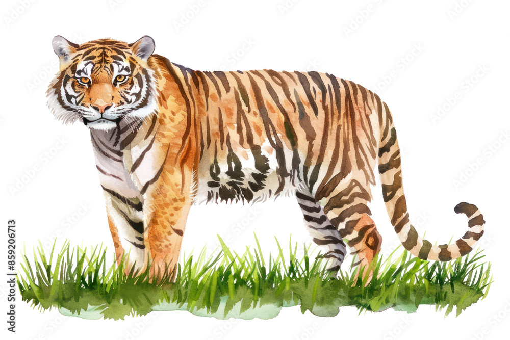 Obraz premium Illustrated tiger standing on grass, showcasing its majestic stripes and powerful presence in a natural setting.