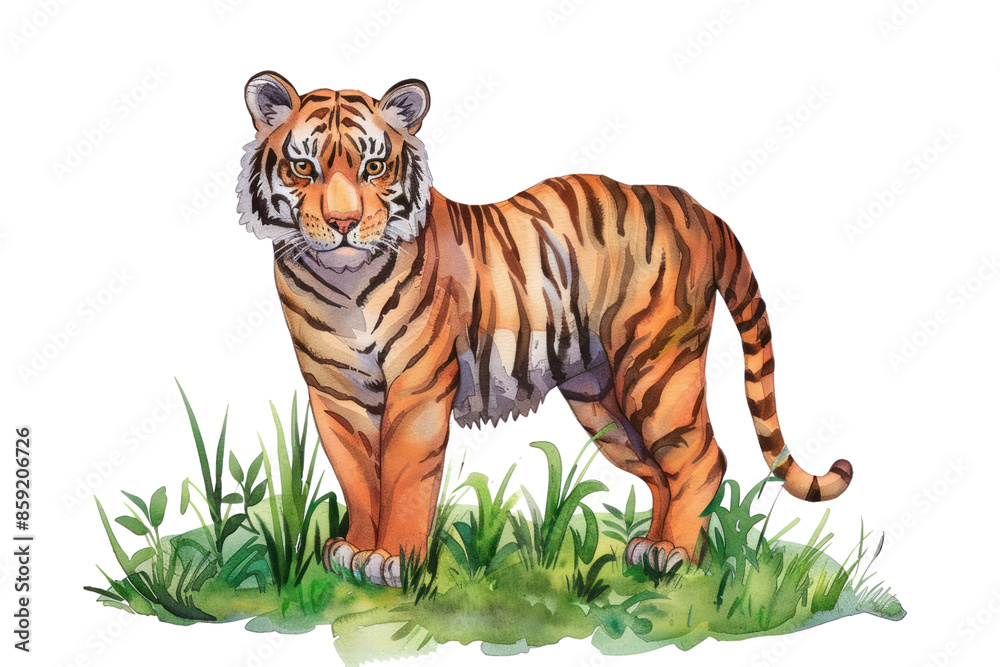 Illustration of a majestic tiger standing in grass. Perfect for wildlife-themed designs, education, and conservation projects. Illustration of a majestic tiger standing in grass. Perfect for wildlife-themed designs, education, and conservation projects.