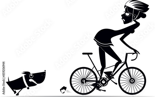 Angry dog. Cycling woman. 
Frightened cyclist woman escapes from the angry dog. Black and white illustration
