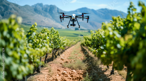 Drone flying over vineyard with mountains in the background. Concept of agricultural technology background.