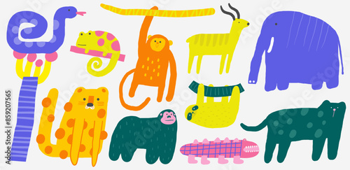 Wallpaper Mural Cute jungle Africa funny hand drawn doodle animals set elephant, panther, leopard, snake, monkey, gorilla, chameleon, sloth, antelope, crocodile. Cartoon style safari nature creatures set Torontodigital.ca