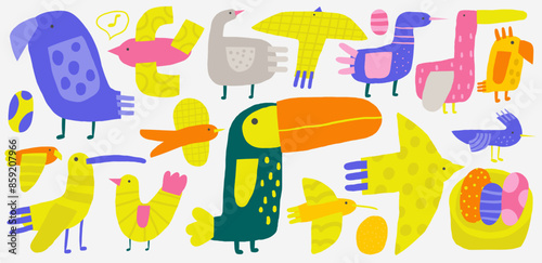 Cute jungle funny hand drawn doodle birds set with parrot, ara, dove, sparrow, toucan, goose, swallow, hummingbird, parrot. Cartoon style nature creatures characters set