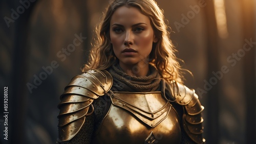 gold theme female crusader warrior character on mediev medieval fantasy background photo