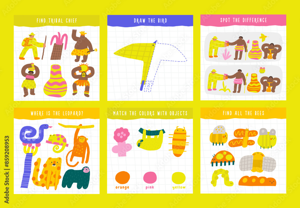 Learn jungle forest tribe games set for kids. Cute hand drawn doodle funny rain forest puzzle with tribe people, chief, shaman, woman, explorer. Educational worksheet, mind task, riddle, strategy quiz Learn jungle forest tribe games set for kids. Cute hand drawn doodle funny rain forest puzzle with tribe people, chief, shaman, woman, explorer. Educational worksheet, mind task, riddle, strategy quiz
