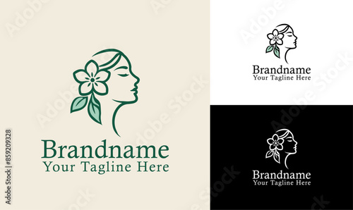 Floral Woman Skincare Logo Design in Green and Monochrome