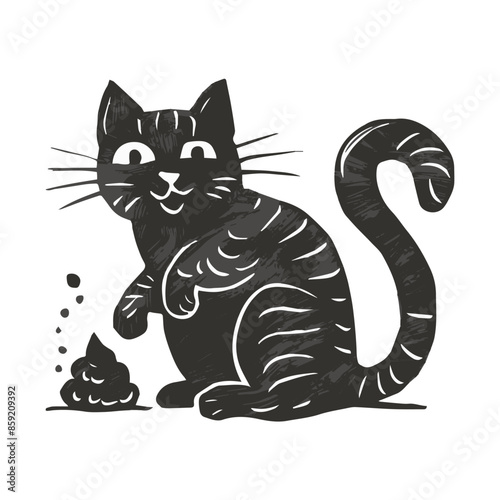 A black cat with big eyes and a wide grin sits next to a pile of cat poop