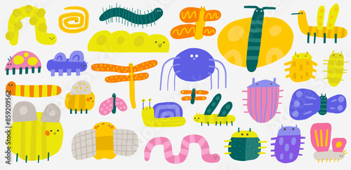 Cute jungle funny hand drawn doodle insects, pest set with butterfly, spider, caterpillar, worm, bug, moth, ladybird, bee, snail, mosquito, bumblebee Cartoon style nature creatures set