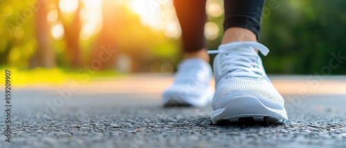 Close-up of a person walking outdoors in white sneakers on a sunny day, highlighting fitness, exercise, and healthy lifestyle.