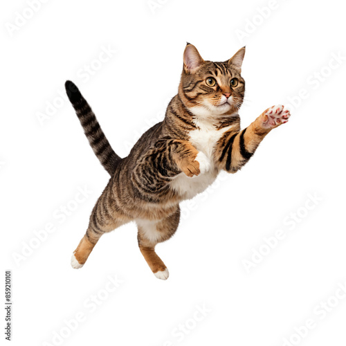 A cat is jumping in the air with its paws outstretched