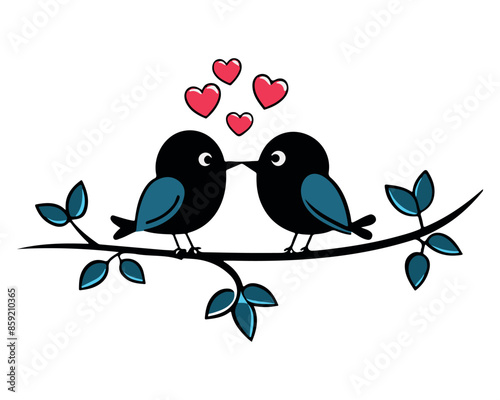 birds love on branch valentine color silhouette carton art