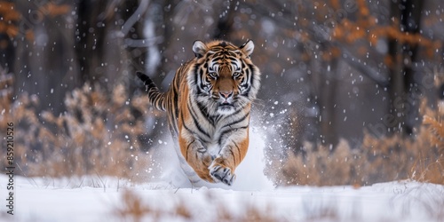 Tiger in wild winter nature. Amur tiger running in the snow. Tajga, Russia. Tiger in wild winter natural habitat. Amur tiger running fast in the snow with snow flying. Action wildlife with danger photo