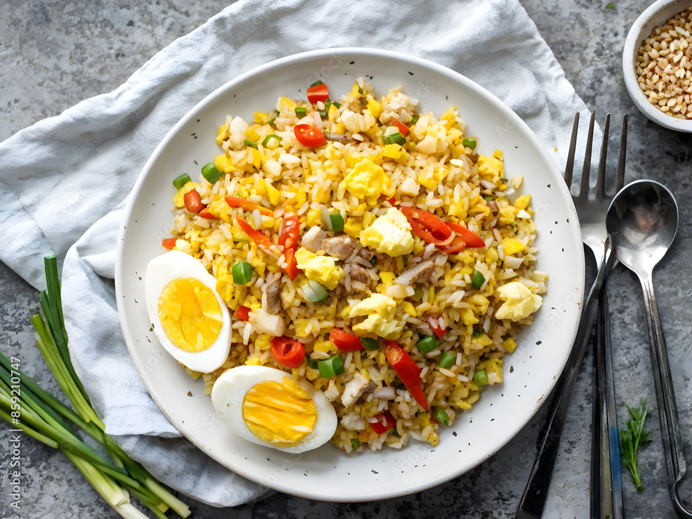 Breakfast made with stir-fried eggs and rice Breakfast made with stir-fried eggs and rice