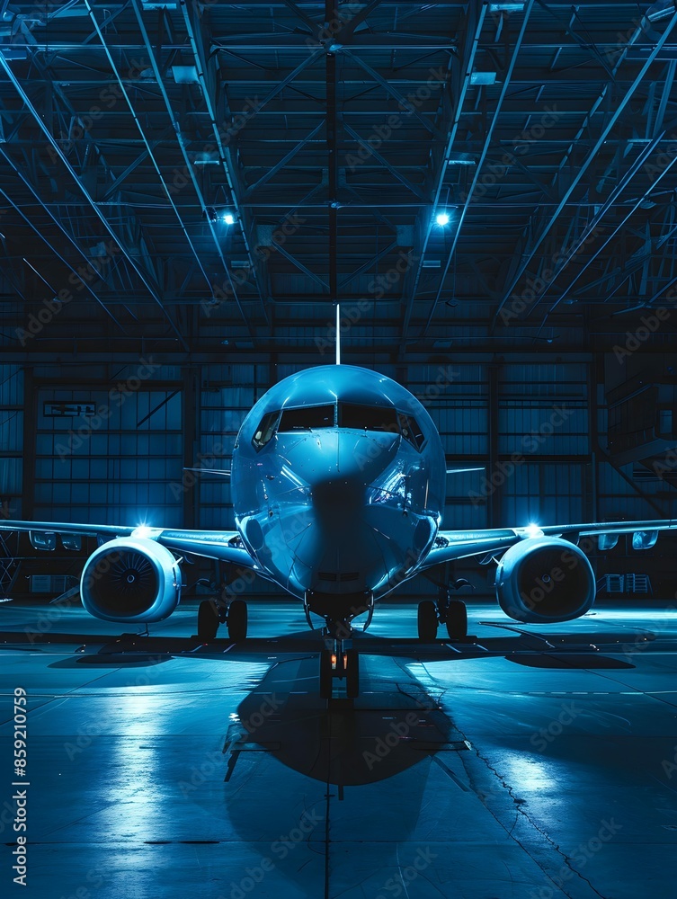 Illuminated Airplane in Hangar, Blue Night Lighting, Aircraft Maintenance Illuminated Airplane in Hangar, Blue Night Lighting, Aircraft Maintenance