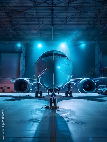 Illuminated Airplane in Hangar, Blue Night Lighting, Aircraft Maintenance