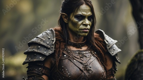 savage female orc warrior character on medieval fantasy background photo