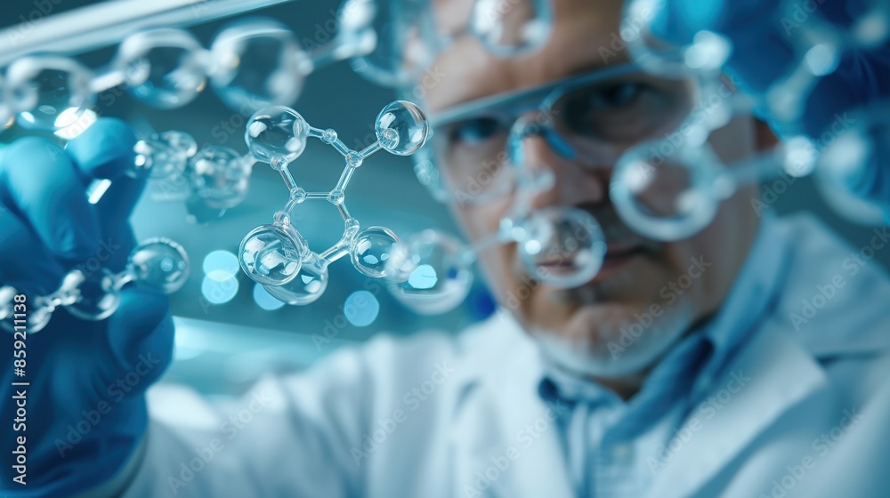 Scientist in laboratory examining molecular structure model, wearing ...