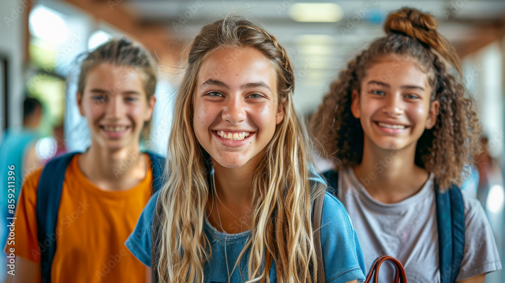 Happy Students Walking Through School Hallway Happy Students Walking Through School Hallway