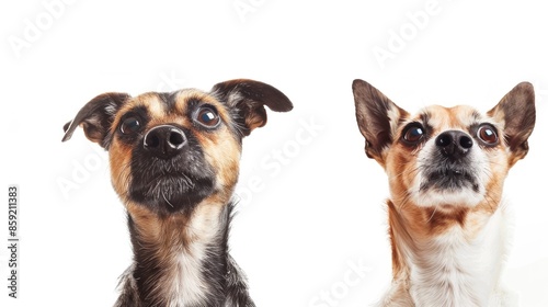 Two small dogs gazing up at blank white space with alert faces