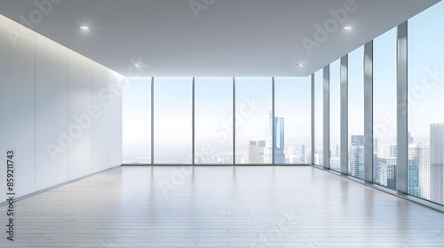 Light empty hall in modern apartment, panoramic window on city view