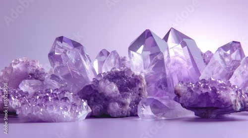 A bunch of purple crystals are on a table. The crystals are of different shapes and sizes. Concept of calmness and serenity photo