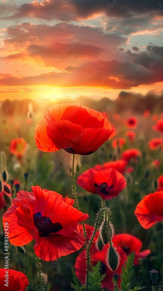poppy flowers in the sunset, Veterans day concept, created with generative AI technology poppy flowers in the sunset, Veterans day concept, created with generative AI technology
