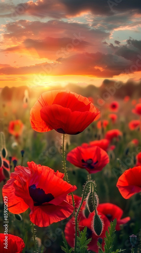 poppy flowers in the sunset, Veterans day concept, created with generative AI technology