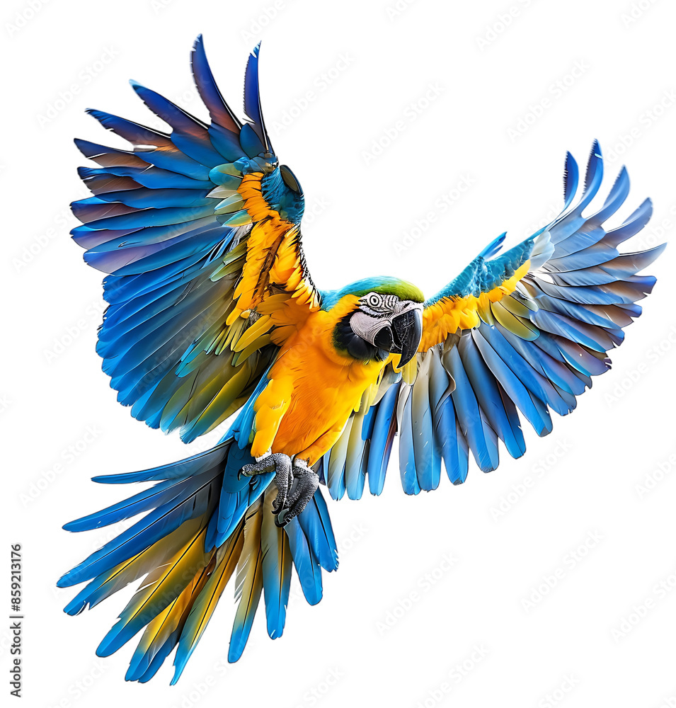 Fototapeta premium Flying macaw parrot on isolated transparent background