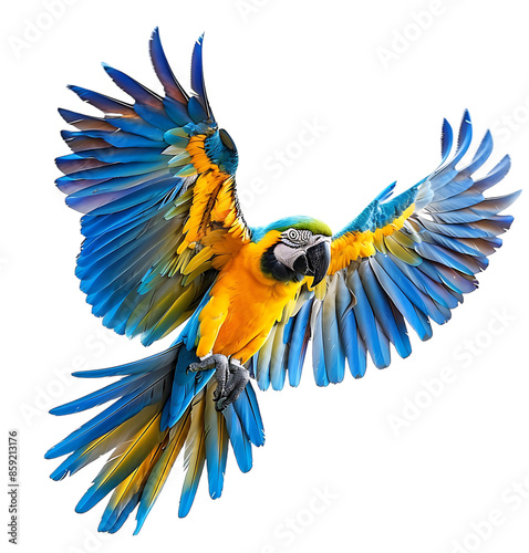 Flying macaw parrot on isolated transparent background photo