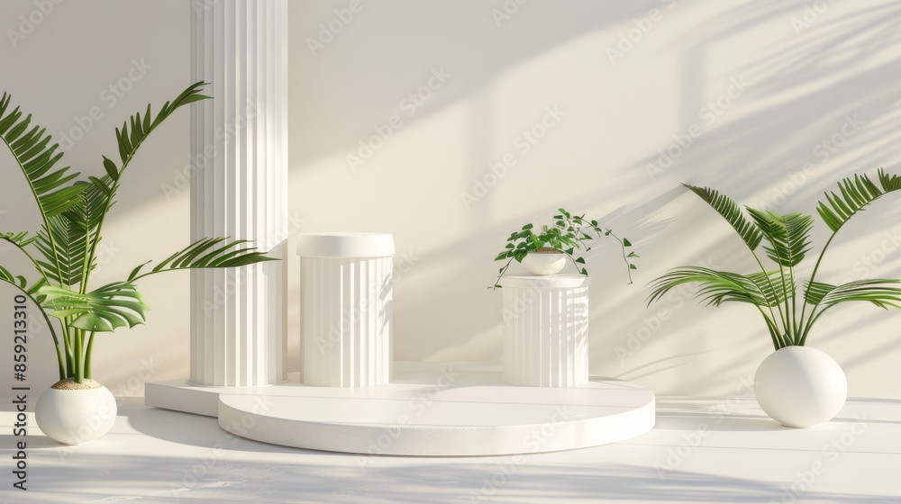 Minimalist White Platform With Tropical Plants Minimalist White Platform With Tropical Plants
