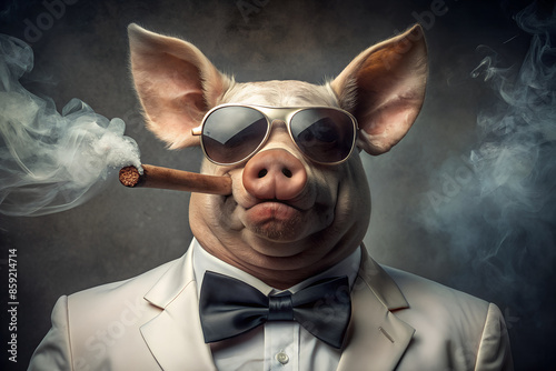 Jeltman with pig's head, cigar, bow tie, dark glasses.