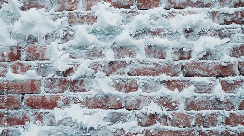 Texture of brick wall covered in snow background with copy space