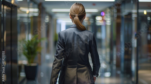 Back view of a businesswoman walking confidently down a modern office corridor. Elegant attire, professional demeanor.