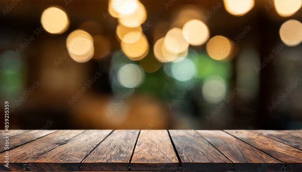 Dark wood table with blurry lights background. Dark wood table with blurry lights background.