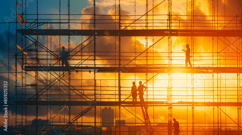 team of construction workers working together to assemble scaffolding. Concept Construction, Teamwork, Scaffolding Assembly, Building Site, Workers
