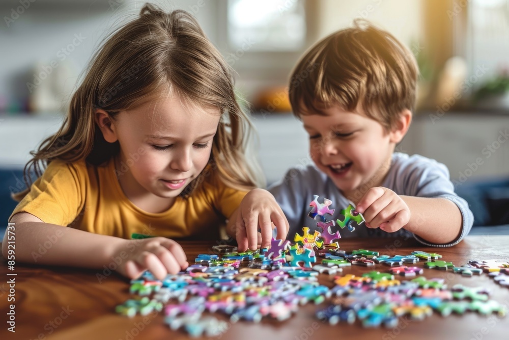 Caucasian Children Solving a Colorful Puzzle Together - Engaged Learning and Playtime Fun - Stock Photography for Education and Family Themes