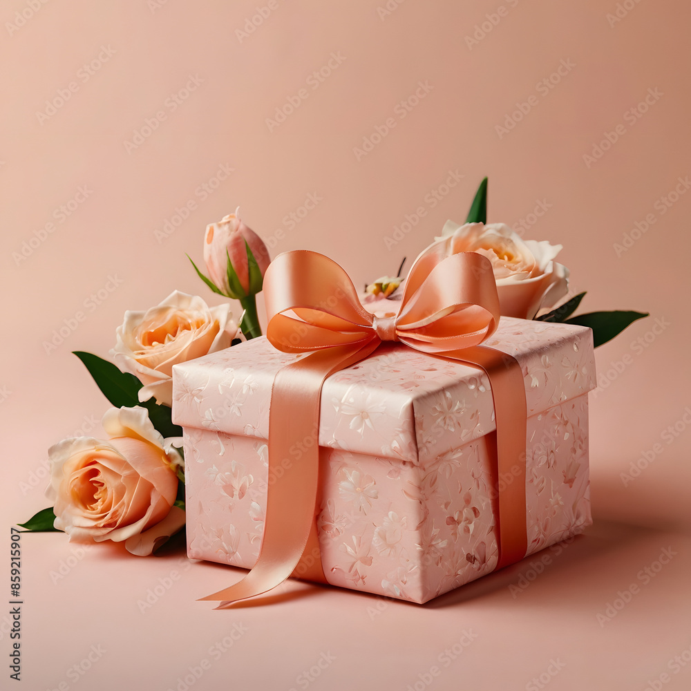 Gifts with pink ribbon bow flowers buds on peach box background