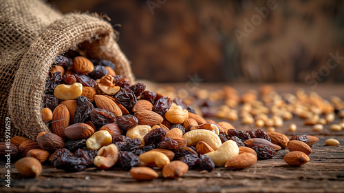 Hessian sack on dark wooden table, pouring out a mix of nuts and raisins photo