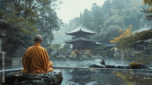 A serene scene of a monastic life, depicting daily routines such as meditation photo
