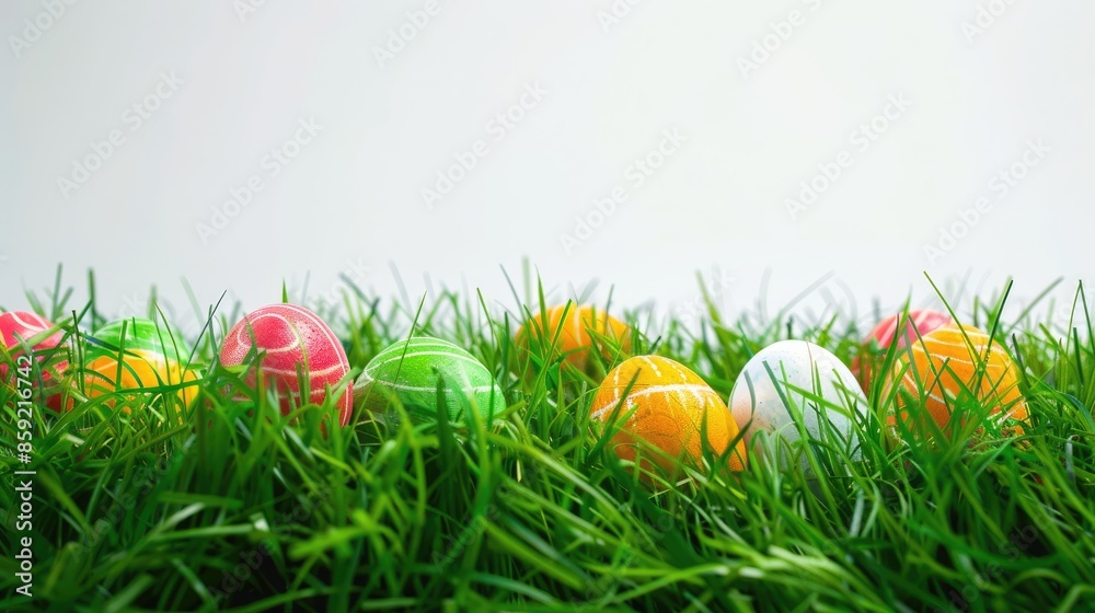 Fototapeta premium Vibrant Easter eggs in grass on white backdrop