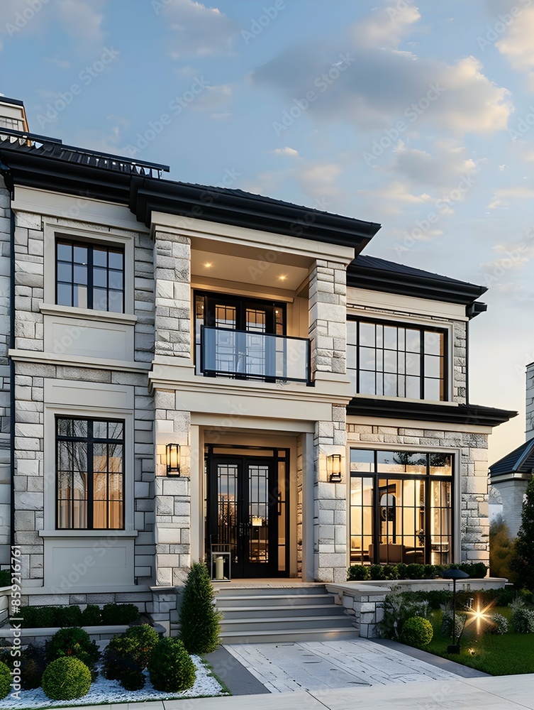 Fototapeta premium Modern luxury exterior of a classic suburban style house with dark sapphire walls and large windows, surrounded by a meticulously landscaped yard.