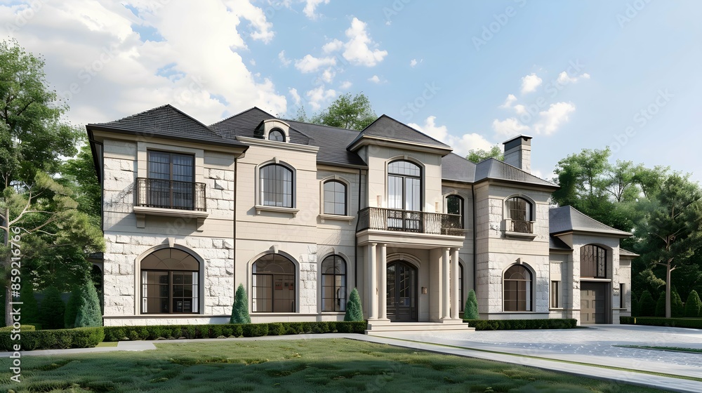 Modern luxury exterior of a classic suburban style house with dark sapphire walls and large windows, surrounded by a meticulously landscaped yard. Modern luxury exterior of a classic suburban style house with dark sapphire walls and large windows, surrounded by a meticulously landscaped yard.