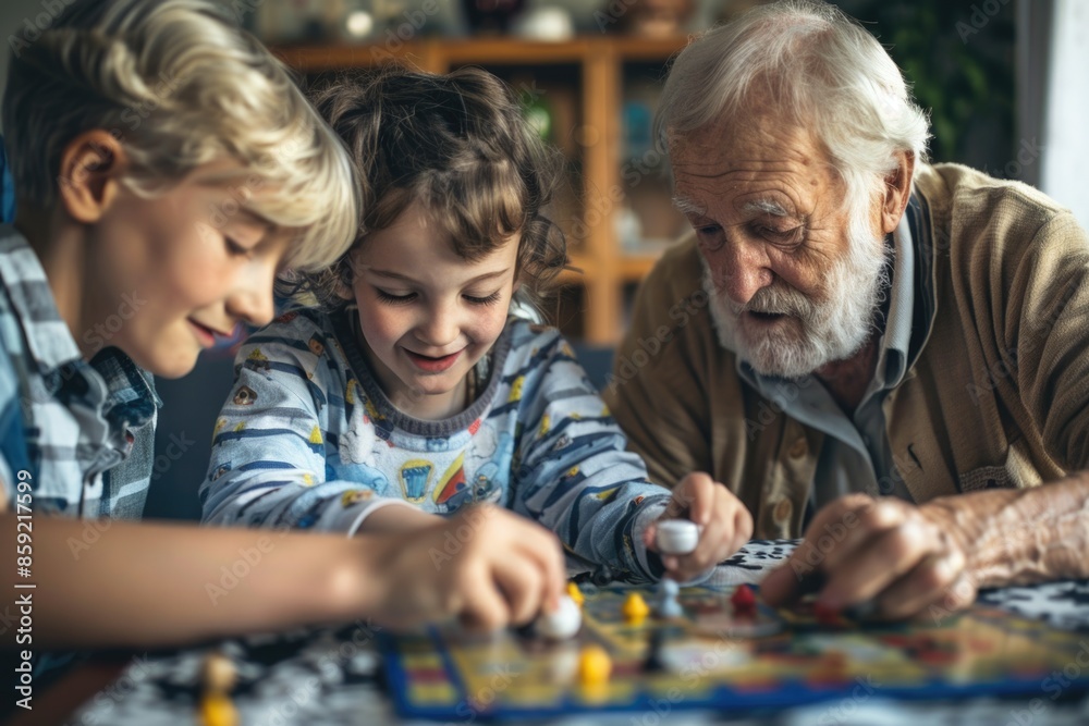 Heartwarming Family Moments with Grandfather: Kids Playing Board Game - Ideal for Print, Card, Poster Design Heartwarming Family Moments with Grandfather: Kids Playing Board Game - Ideal for Print, Card, Poster Design