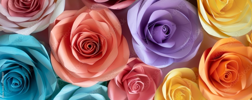 Colorful paper roses in close-up detail, vibrant and artistic floral arrangement, handmade craft concept Colorful paper roses in close-up detail, vibrant and artistic floral arrangement, handmade craft concept