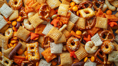 Mix of Chex mix, pretzels, goldfish crackers photo