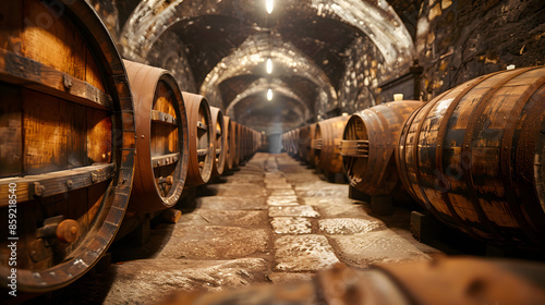 Aged oak barrels in cellar filled with wines brandies and whiskies. Concept Wine Cellars, Barrel Aging, Winemaking, Spirits Aging, Distillery Craftsmanships photo