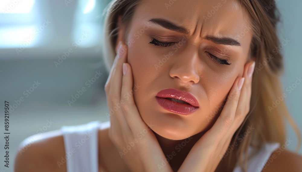 Young woman suffering from toothache, close-up of hands. Young woman suffering from toothache, close-up of hands.