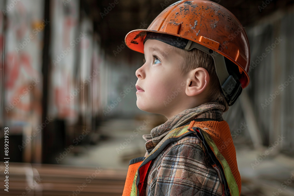 AI generated image of little cute child builder wearing helmet and costume like an adult AI generated image of little cute child builder wearing helmet and costume like an adult