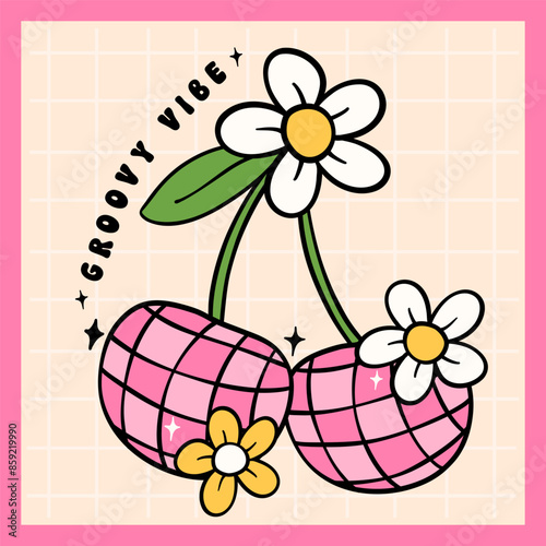 Retro groovy dico ball pink cherries with flower doodle line drawing