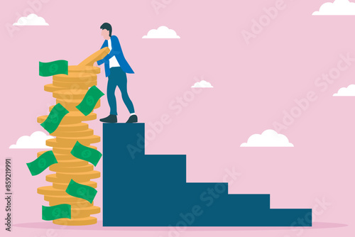 Cartoon vector of businessman climbing stairs and gaining financial success, concept of achieving success with hard work.