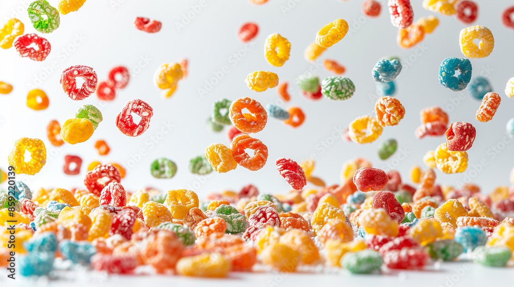 Exploding fruity pebbles cereal with individual pieces floating in ...